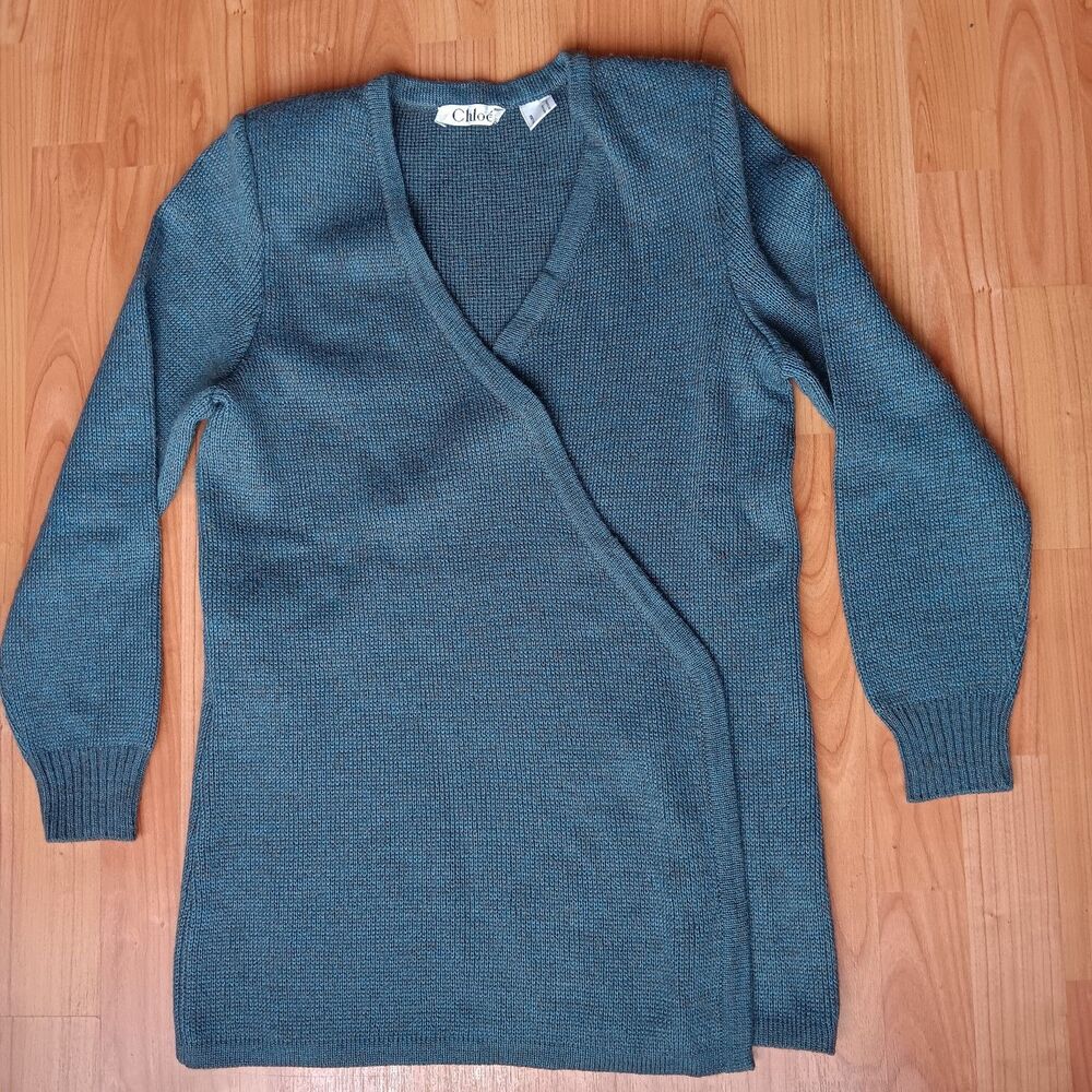 Chloe Blue Speckled Knit Wool Alpaca Blend Wrap Shoulder Pad Open‎ Cardigan Vtg